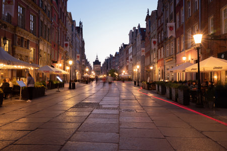 2022-06-08: Golden gate and Prison Tower at Dluga Street in the old city center at nightin. Gdansk,...