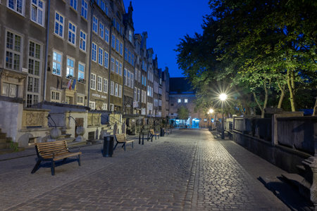 2022-06-08: old street in the historical part of Gdansk at night. Poland.