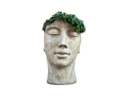 plaster stand for flowers in the form of a human face on a white backgroundの写真素材