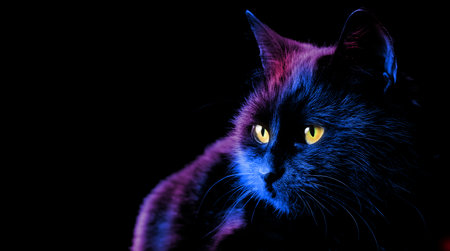 black cat with yellow eyes on a black background