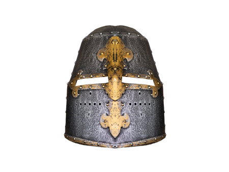 medieval iron knight mask isolated on white backgroundの写真素材