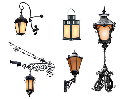 collage vintage street night lamp isolated on white backgroundの写真素材
