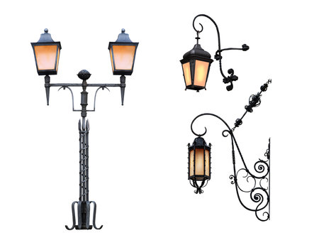 collage vintage street night lamp isolated on white backgroundの写真素材