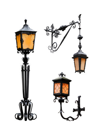 collage vintage street night lamp isolated on white backgroundの写真素材