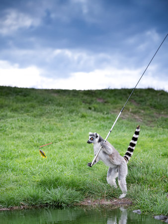 lemur as a fisherman with a fishing rod and caught fish