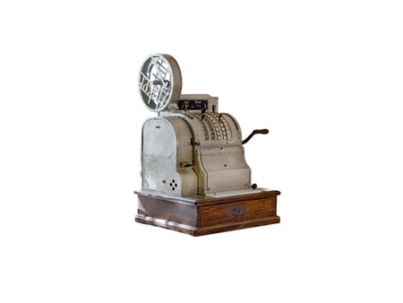 Vintage cash desk isolated on white backgroundの写真素材