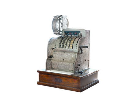 cash desk old machine isolated on white backgroundの写真素材