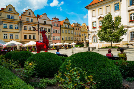 2022-08-02. glass red deer emblem Jelenia Gora city on the Town Hall Square. Poland