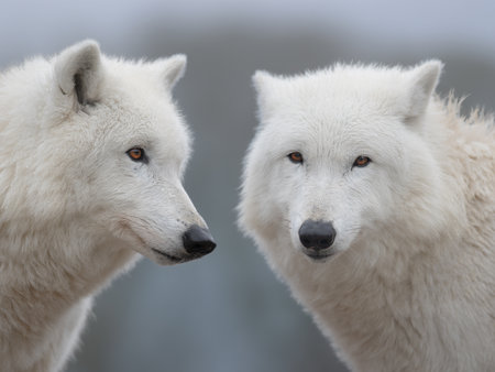 two polar wolf on a blurred backgroundの写真素材