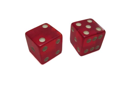 a five and a two rolled on red dice isolated on whiteの写真素材