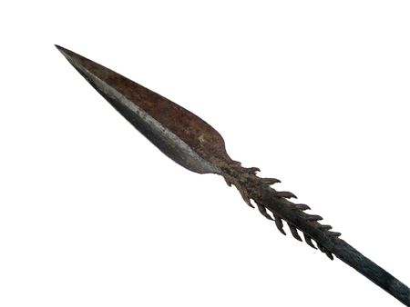 barbed iron spear point from Africa isolated on whiteの写真素材