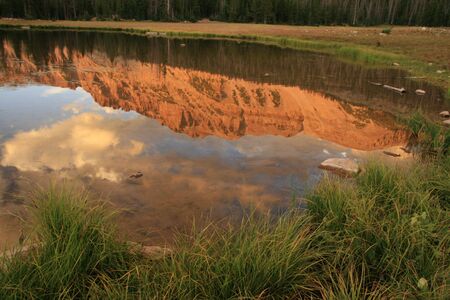 reflection of Mount Hayden in a small pond in the Uinta Mountains, Utahの写真素材