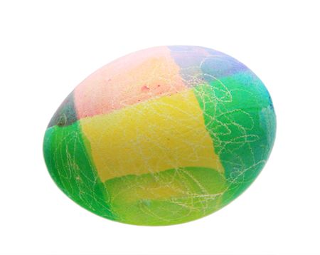 blue, green, pink, and yellow home made Easter egg isolated on whiteの写真素材