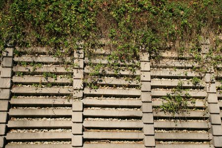 concrete crib retaining wall with vines on the top halfの写真素材
