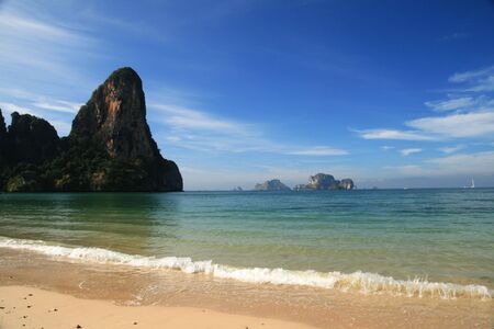 Railay beach in Krabi Thailand with the Thaiwand wallの写真素材