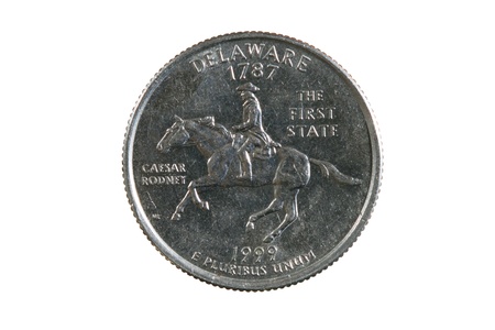 Delaware state quarter coin isolated on white backgroundの写真素材