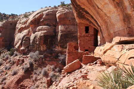 ancient Native American tower cliff dwelling in Indian Creek Utahの写真素材
