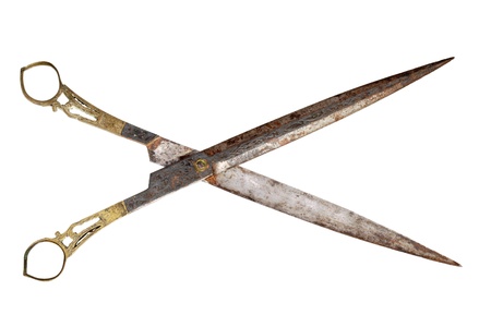 fancy brass and steel antique scissors isolated on white backgroundの写真素材