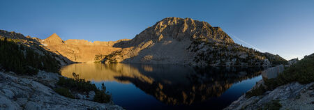 early morning panorama of Upper Lamarck Lake near Bishop Californiaの写真素材
