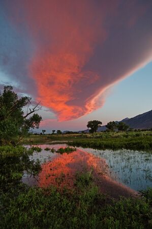 Sierra wave cloud sunset reflected in a flooded fieldの写真素材