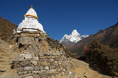 stupa and mountain Ama Dablam in the Khumbu region of Nepalの写真素材