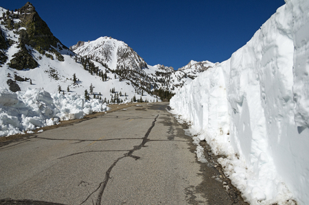 the mountain road up Onion Valley with wall of recently cleared snow on one sideの写真素材