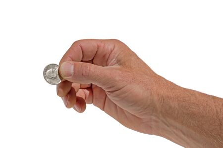 mans hand holding a quarter coin isolated on white backgroundの写真素材