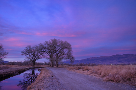 Owens Valley sunset with irrigation canal and the White Mountains long after the sun has setの写真素材