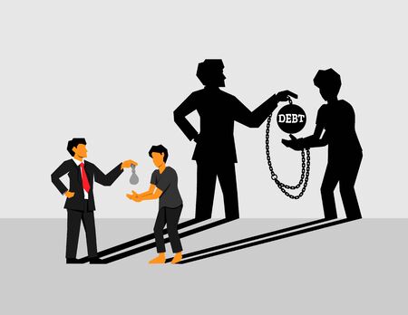 The rich lend money to the poor at high interest, becoming a debt bondage and required to work off the debt or bonded labor is look like tied with a chain. One form of modern slavery.のイラスト素材