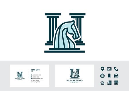 Horse knight chess pillar strategy logo - business card design vectorのイラスト素材