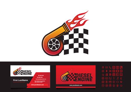 Turbocharger power diesel with flame and finish flag. Logo - business card template vector.のイラスト素材