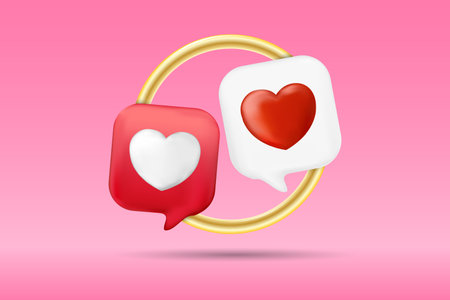 Heart in bubble talk with gold ring background isolated. chat communication relationship wedding vector design.のイラスト素材