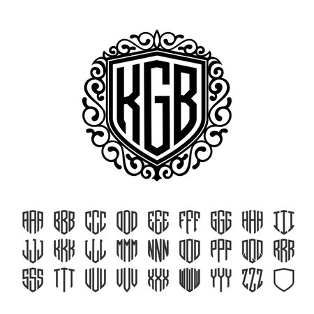 retro vintage shield with 3 Letters Alphabet Font For Logotype, logos, embroidery, necklacesのイラスト素材