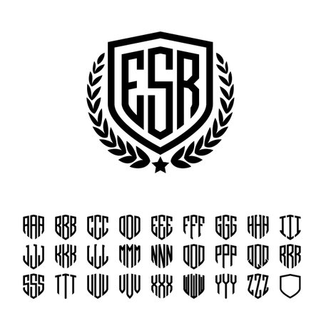 Heraldic wreath shield with 3 Letters Alphabet Font For Logotype, logos, embroidery, necklacesのイラスト素材