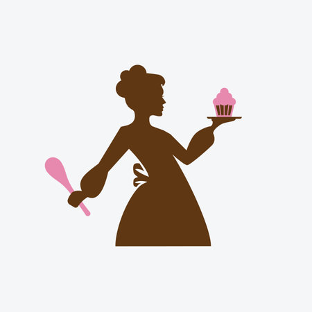 Woman chef holding a spoon and a cupcake. Artisan Bakery Logo.のイラスト素材