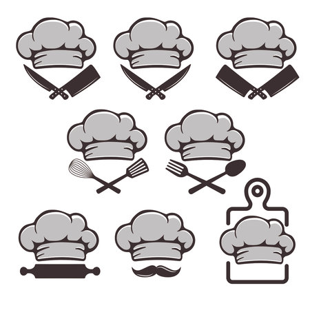 Restaurant chef hat logo icon set. chopping board, spoon, spatula, knife, cleaver, rolling utensil kitchen.のイラスト素材