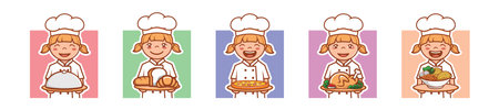 Smiling Girl Cute Kitchen Chef Hat cartoon holding a tray of various food dishes baguitte, white bread, croissant, pizza, roast chicken, noodles character logo character mascot illustration vectorのイラスト素材
