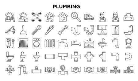 Simple Set of Plumber Related Vector Line Icons. Contains such Icons as Leaking Washing Machine, Water Heater, Tool Box and more. Editable Stroke.のイラスト素材