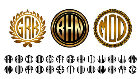Wreath Gold Circle Monograms Font Family with 3 Lettersのイラスト素材