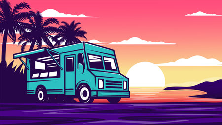 Food Trucks On Beach Background Vector Illustrationのイラスト素材