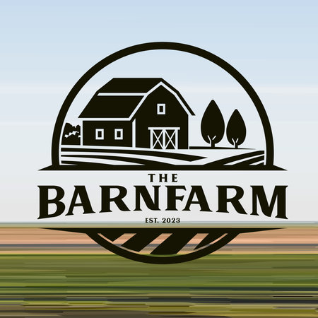 Farm House concept logo. Template with farm landscape. Label for natural farm products. Black logotype isolated. Vector illustration.のイラスト素材