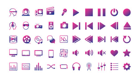 play button and multimedia icon set. audiovisual equipment photo video music 3d virtual media entertaiment.のイラスト素材