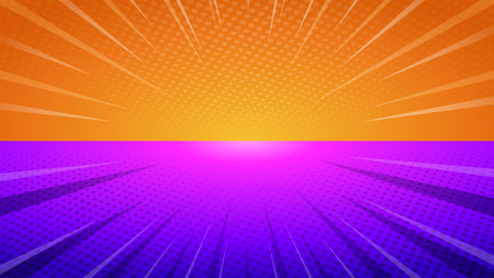 Comic orange purple background with halftone effect and rays. Sunburst background illustration for your design.のイラスト素材