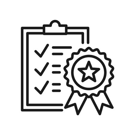 Clipboard document icon with a check mark, task, and award ribbon symbol. Representing successful business task management and quality control.のイラスト素材
