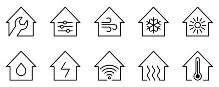 Heating cooling home concept icon set. install and service household device system symbol collection.のイラスト素材