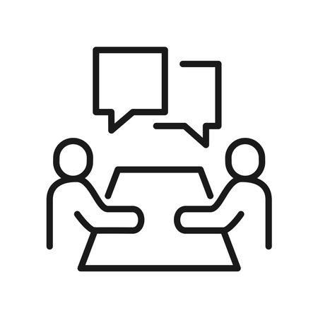 Dialogue meeting icon. People at table with bubble talk symbol.のイラスト素材