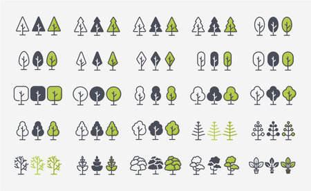 Flat trees icons, ideal for forest, garden, or park landscape elements, showcase various plants in nature. This green, isolated set highlights the beauty of trees, bushes, and foliage in a natural, eco-friendly design. Perfect for illustrating outdoor environments, these icons embody spring and summer's organic freshness.のイラスト素材