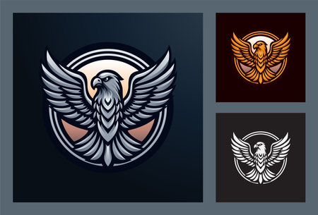 Falcon  Emblem. Wings and Gold Metallic Insignia, Creative Modern Design for Business Identity, Corporate Branding, and Wildlife Protection. Powerful Symbol of Freedom, Leadership, and Securityのイラスト素材