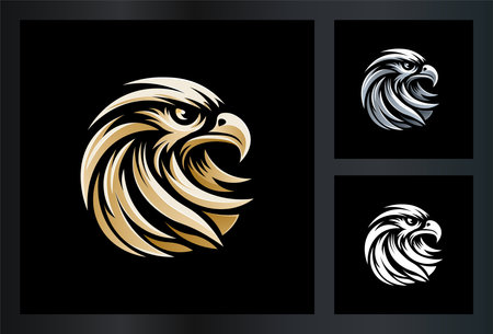 Majestic Eagle  Mascot. Futuristic Emblem with Metallic Feathers, Gold Crown, and Glowing Insignia for Team, Club, Security, or Company - Symbol of Strength, Leadership, and Protectionのイラスト素材