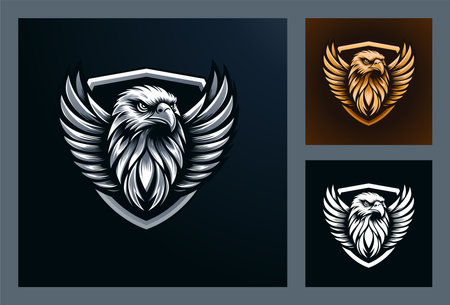 Majestic Eagle Head Logo Emblem. Powerful Wings and Feather Details, Isolated Silhouette for Business Identity, Wildlife Protection, and Patriotic Branding. Icon of Freedom and Strength.のイラスト素材